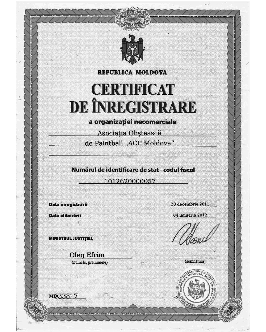 Certificat de înregistrare ACP